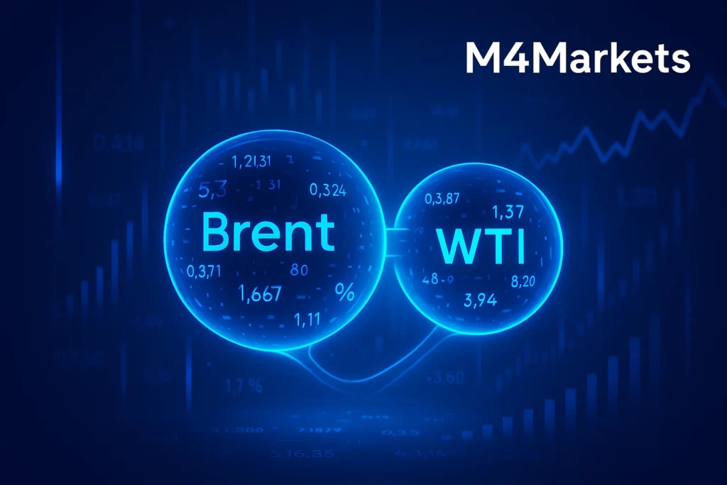 تمثيل رقمي لمعايير النفط الخام العالمية الرئيسية (برنت و WTI) في مشهد مالي تكنولوجي.
