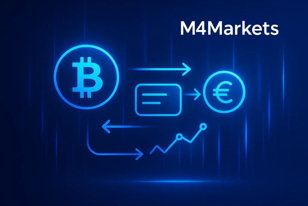 صورة عالية التقنية تشرح مفاهيم تداول العملات المشفرة مع رسوم بيانية ديناميكية وشعار M4Markets