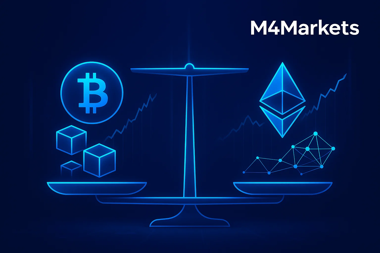 مقارنة بصرية مستقبلية بين آفاق نمو إيثيريوم وبيتكوين ودورهما المزدوج في الاقتصاد الرقمي.