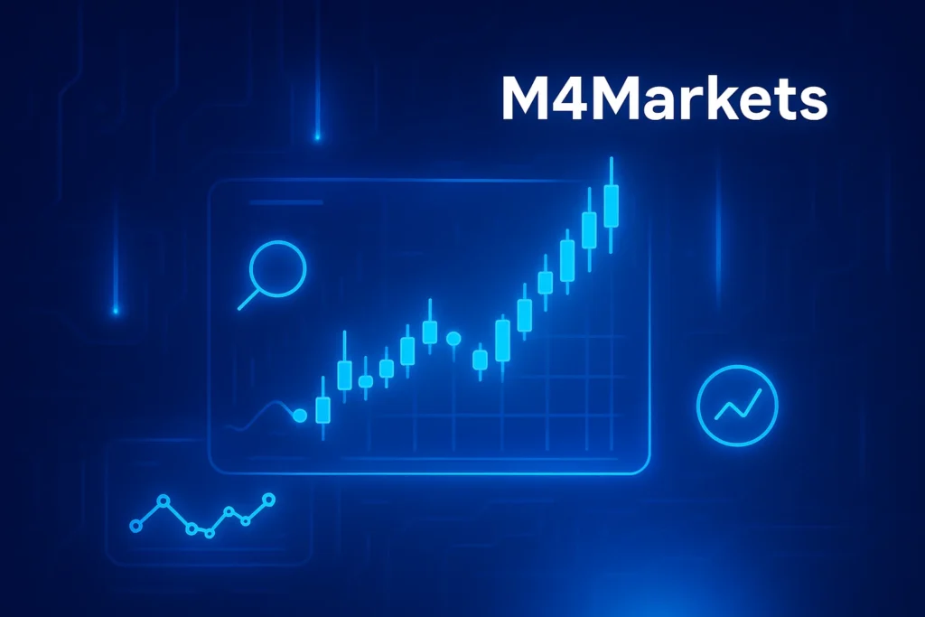  صورة لمنصات وأدوات تداول العملات المشفرة مع رسوم بيانية وأيقونات تحليلية وشعار M4Markets.
