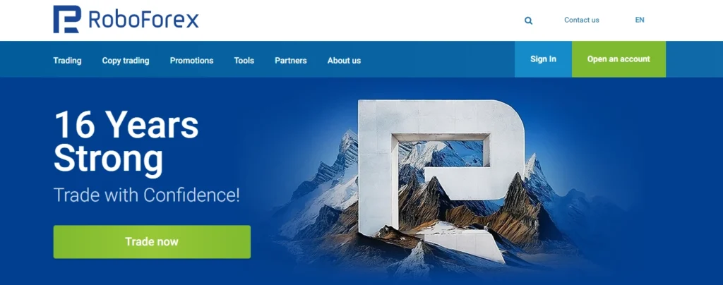 شعار RoboForex مصمم داخل إطار عمل رقمي، يمثل وسيط ECN يوفر مجموعة واسعة من حسابات التداول والرافعة المالية المرنة.