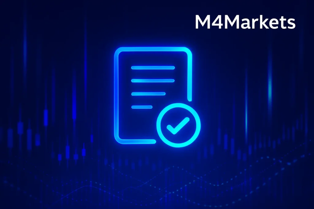 네온 악센트와 M4Markets 로고가 있는 짙은 파란색의 미래 지향적인 배경에 설정된 CFD 정의를 나타내는 추상적인 디지털 심볼.