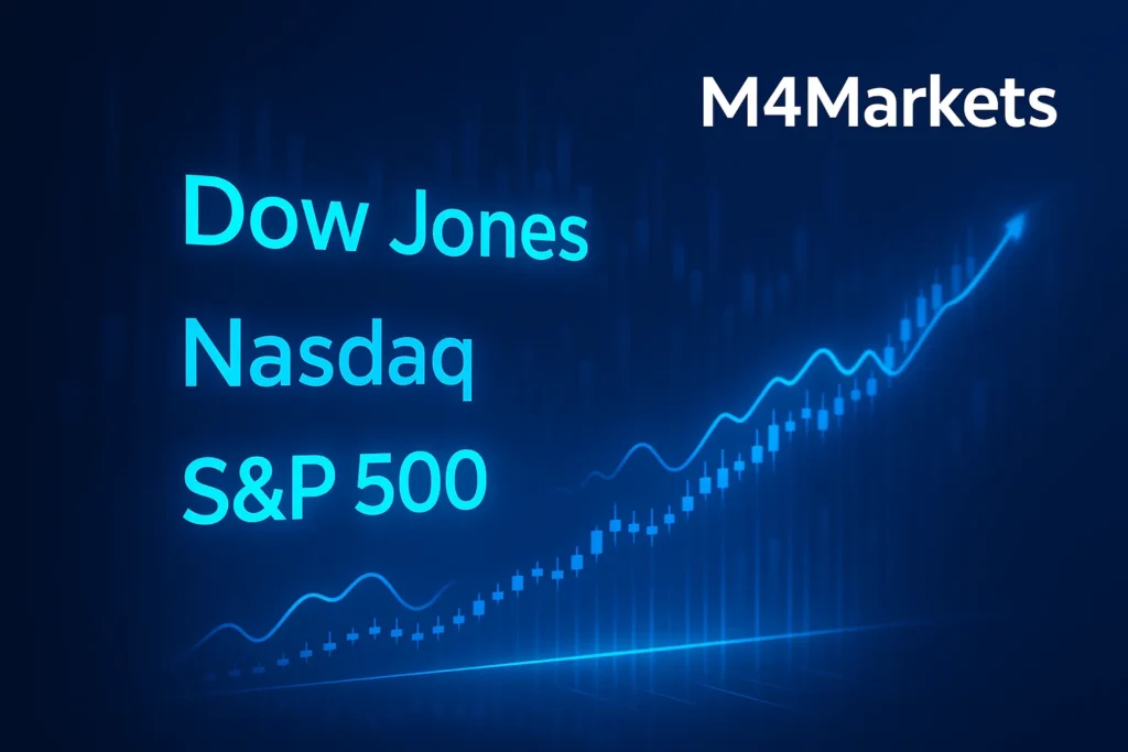 다우존스, 나스닥, S&P 500의 차이점을 설명하는 미래지향적인 금융 시장 지수 이미지.