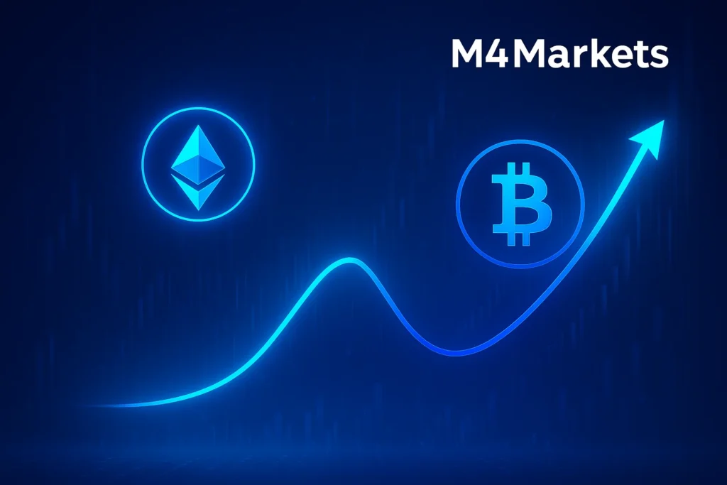 비트코인(BTC)과 이더리움(ETH)의 미래 전망 및 성장을 시각적으로 비교 분석하는 첨단 암호화폐 트레이딩 이미지