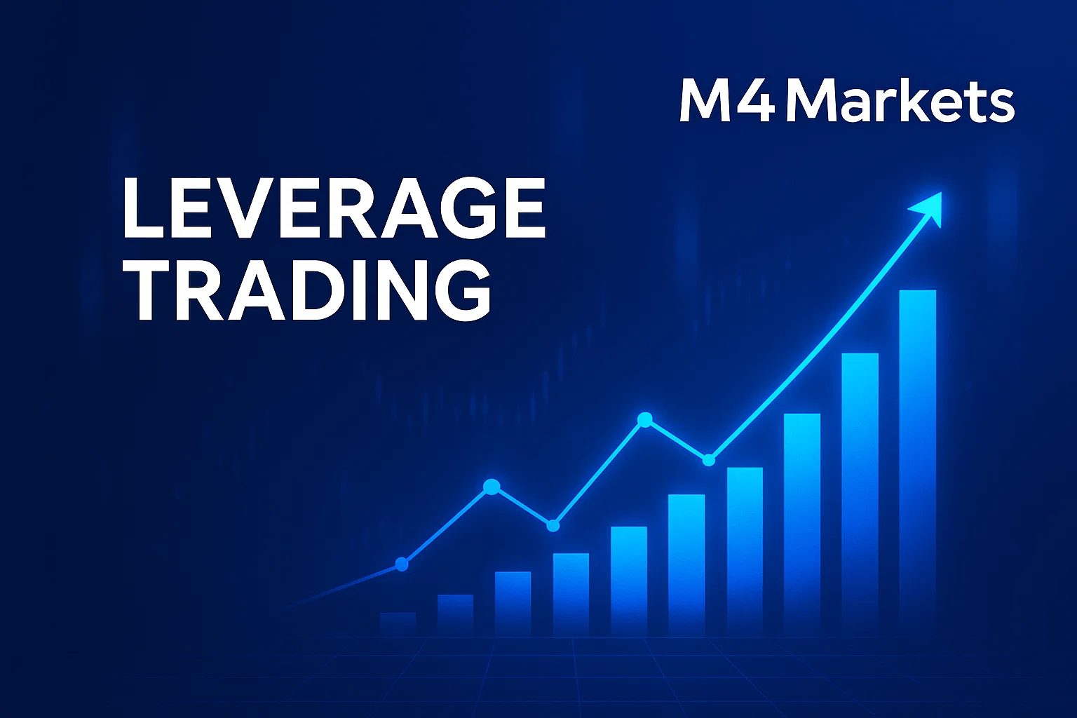 레버리지 거래 개념을 표현하는 네온 금융 그래프와 M4Markets 로고가 있는 짙은 파란색의 미래 지향적 이미지.