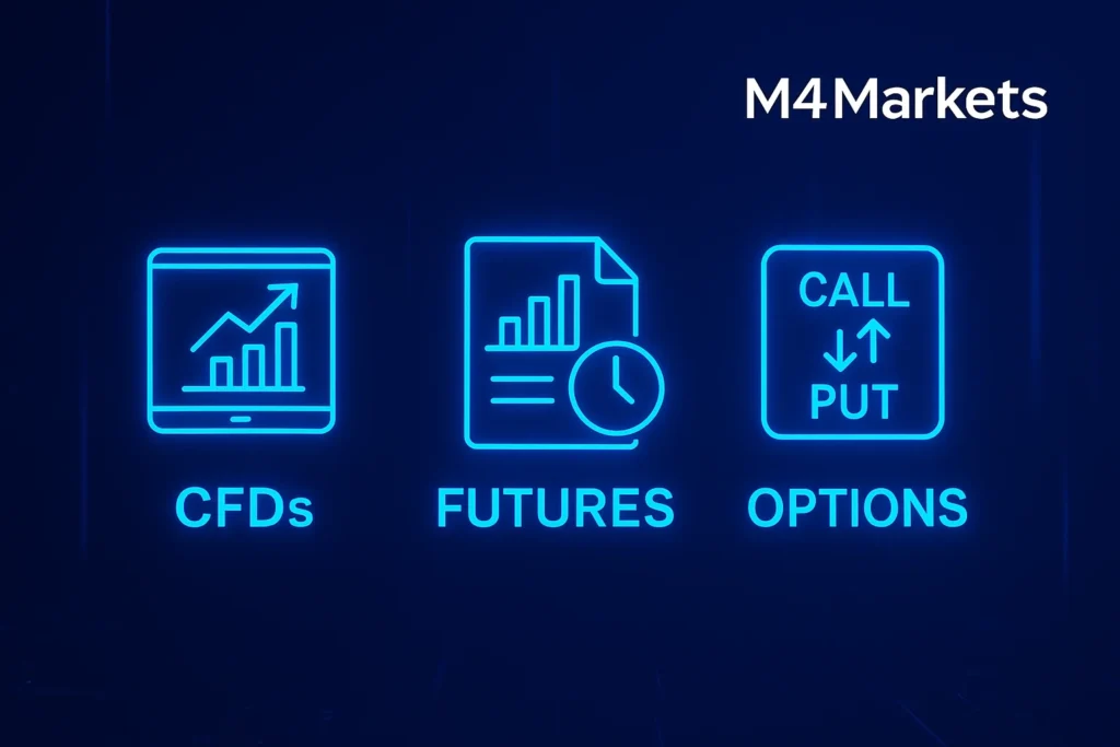 CFD, 선물, 옵션 등 다양한 레버리지 상품을 상징하는 네온 심볼 배열.