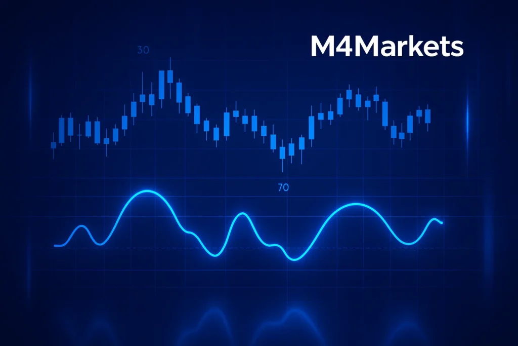트레이딩 분석에 사용되는 상대 강도 지수(RSI) 지표와 기술적 차트를 강조하는 전문적이고 미래 지향적인 이미지.