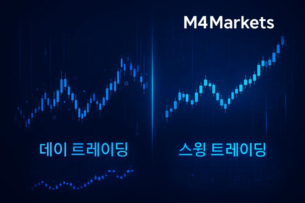 스윙 트레이딩과 데이 트레이딩의 주요 차이점, 시간 범위와 속도를 시각적으로 대조하는 고품질 기술 이미지.