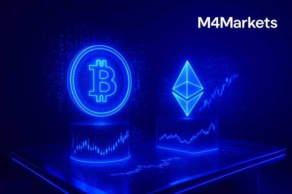 암호화폐 거래 가이드 이미지. 비트코인과 이더리움 로고가 빛나는 디지털 거래 환경.