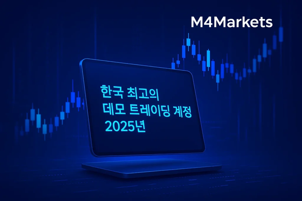 한국 최고의 데모 트레이딩 계정 2025년 제목이 표시된 미래 지향적인 홀로그램 화면, 네온 그래프와 디지털 데이터 스트림 배경.