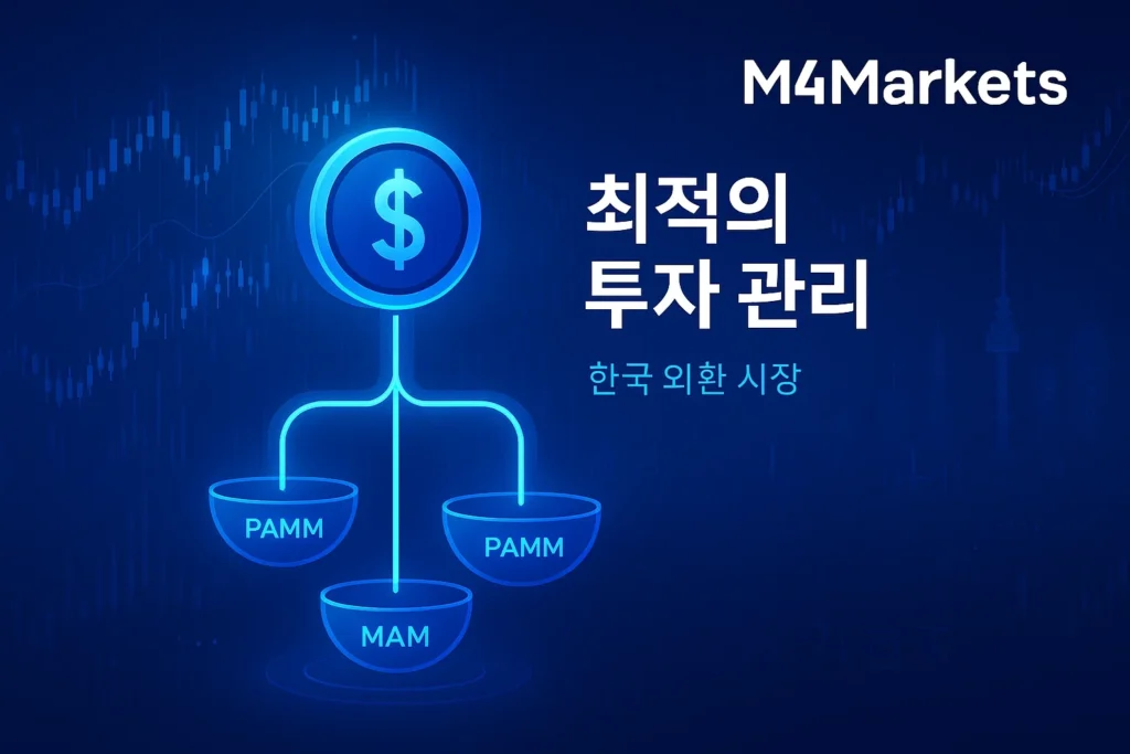 최고의 PAMM/MAM 외환 브로커 한국을 위한 추상적인 푸른색 금융 기술 이미지, 효율적인 투자 관리와 M4Markets 로고를 강조.
