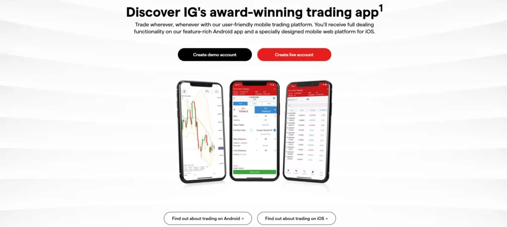 IG 브로커의 모바일 거래 플랫폼. 심도 있는 시장 리서치 및 뉴스 피드가 통합된 화면입니다.