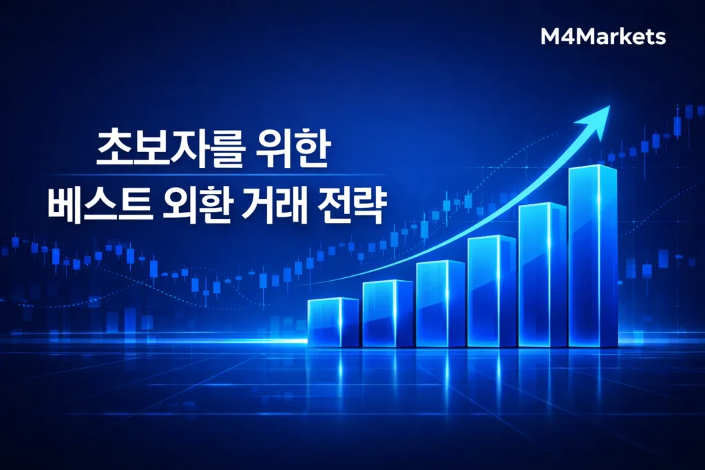 M4Markets 로고와 함께 초보자를 위한 베스트 외환 거래 전략이 표시된 하이테크 디지털 트레이딩 그래프 화면