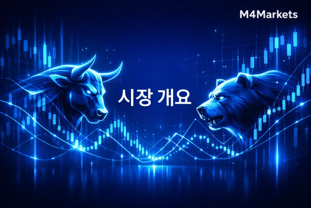 강세장 및 약세장 개요와 시장 사이클의 리듬을 보여주는 M4Markets 디지털 트레이딩 시각화