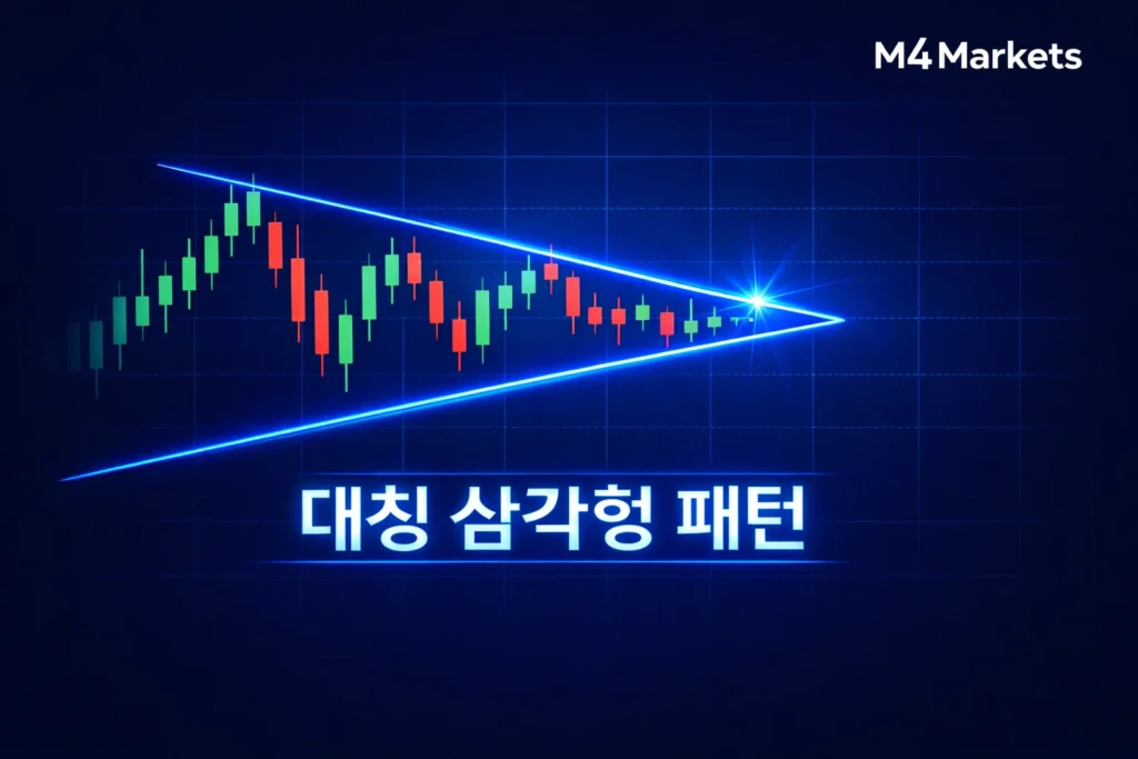 대칭 삼각형 패턴의 정의와 가격 수렴 과정을 시각화한 미래 지향적인 기술적 분석 차트.