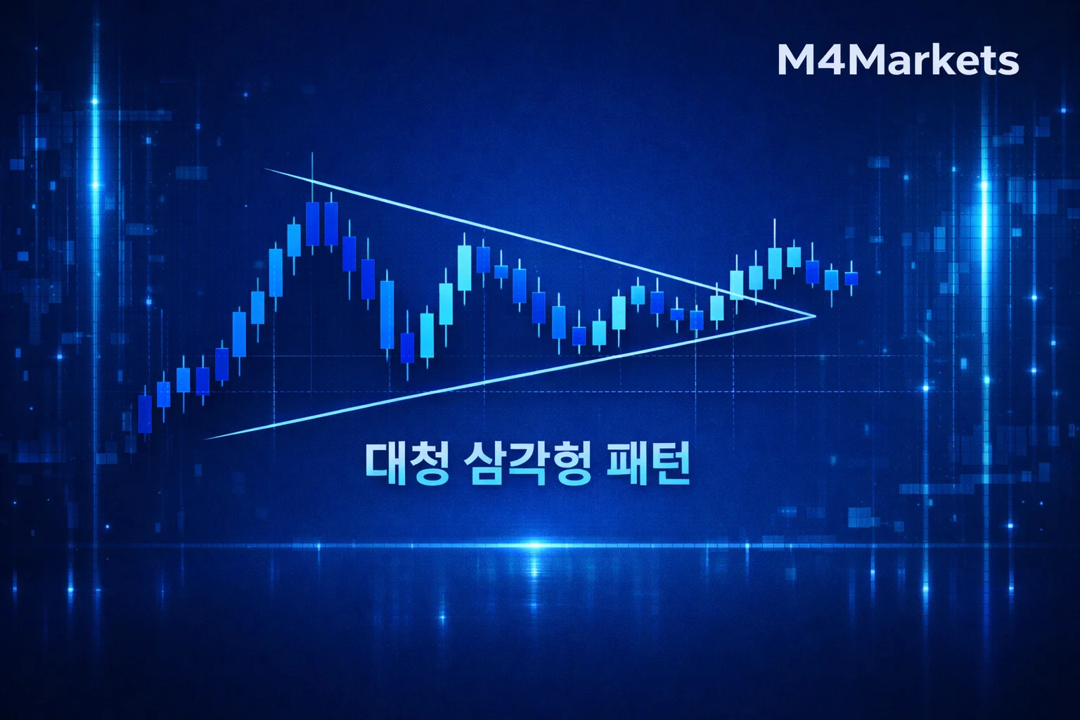 대칭 삼각형 패턴 정의 및 효과적인 매매 전략을 보여주는 전문적인 기술적 분석 차트.