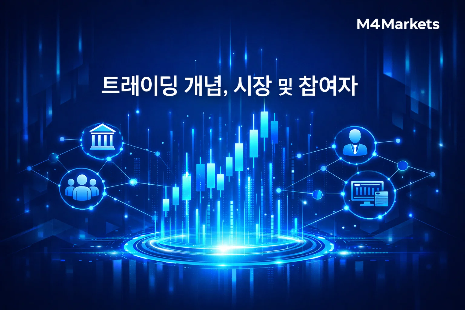 트레이딩 개념, 시장 및 참여자를 시각화한 M4Markets의 전문적이고 미래지향적인 금융 기술 그래픽