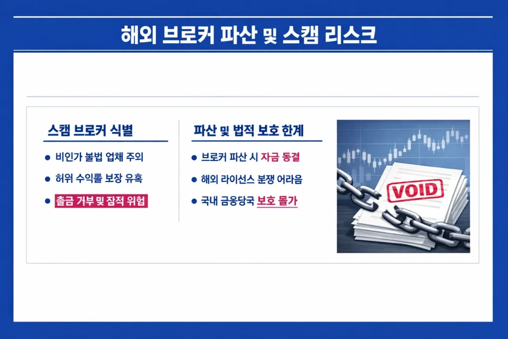 해외 FX 및 CFD 브로커의 스캠 식별 방법과 파산 시 발생할 수 있는 자금 동결 리스크를 설명하는 인포그래픽.