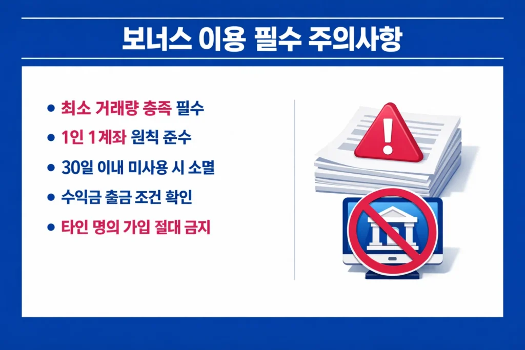 해외 FX 및 CFD 보너스 이용 시 주의해야 할 최소 거래량, 1인 1계좌 원칙 및 출금 제한 조건 안내.