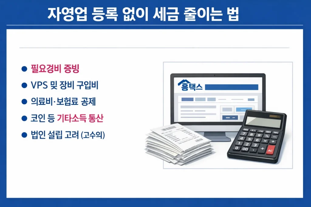 자영업자 등록 없이도 가능한 필요경비 증빙, 소득 통산, 각종 공제 등 해외 FX 세금 절감 전략 요약 인포그래픽.