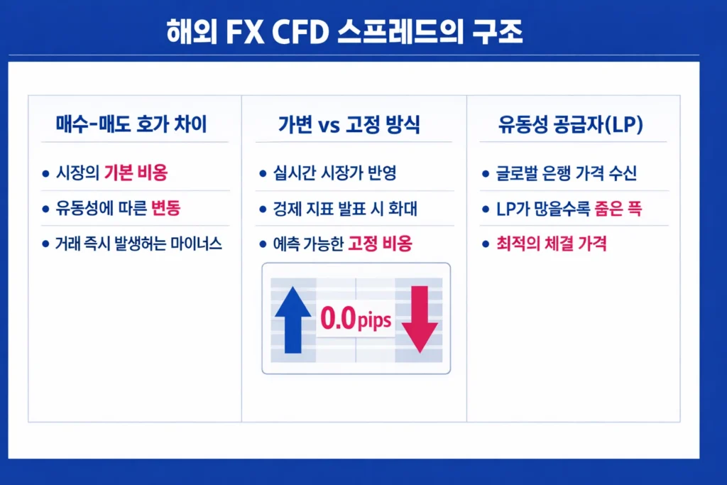해외 FX CFD 스프레드의 정의, 가변 및 고정 방식, 유동성 공급자의 역할을 설명하는 인포그래픽.