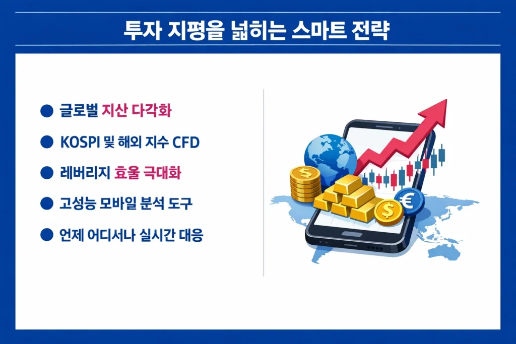 해외 FX 및 CFD 모바일 앱을 통한 글로벌 자산 다각화와 효율적인 투자 전략을 설명하는 인포그래픽.