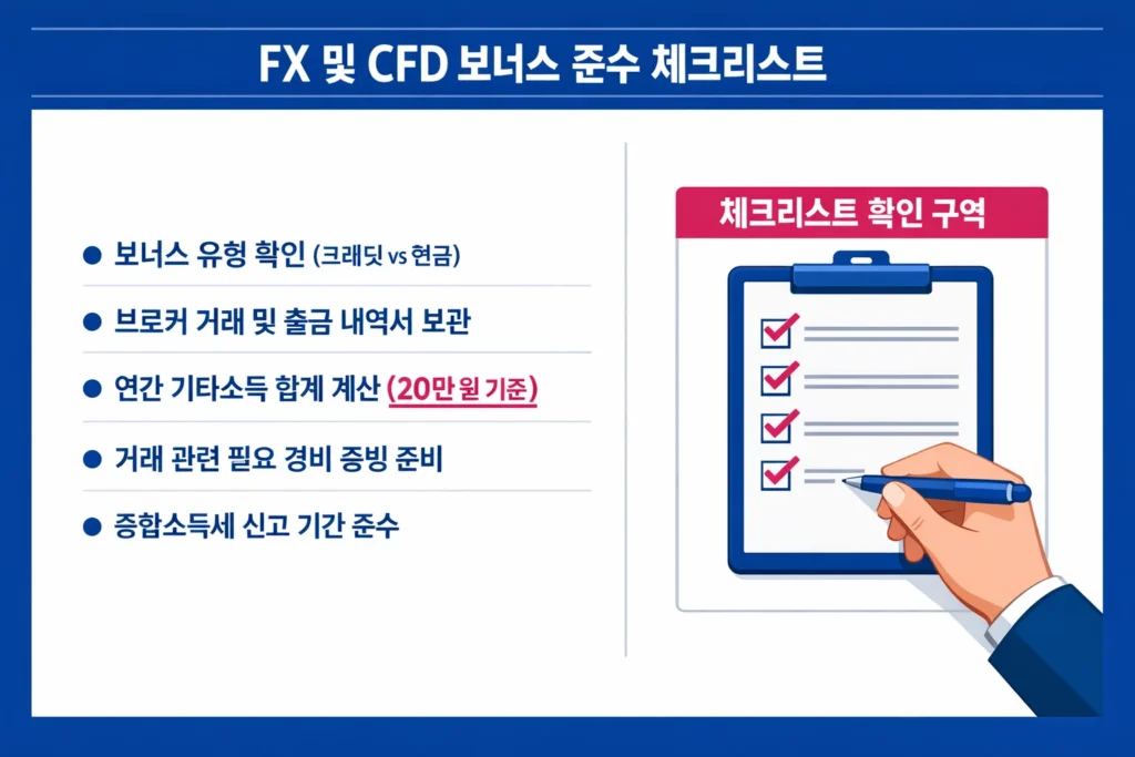 한국 트레이더를 위한 해외 FX 및 CFD 보너스 세무 준수 사항과 신고 체크포인트 인포그래픽.
