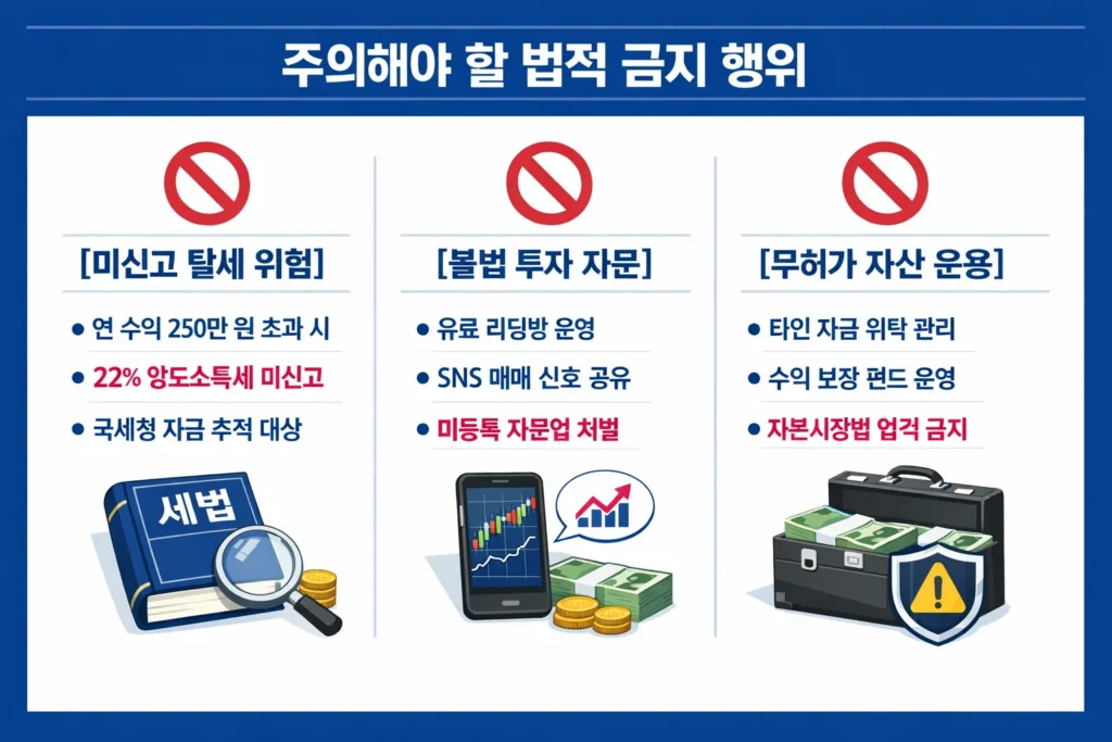 한국 트레이더가 주의해야 할 세금신고, 불법 리딩방, 무허가 자산 운용 등 법적 금지 행위 설명 인포그래픽.
