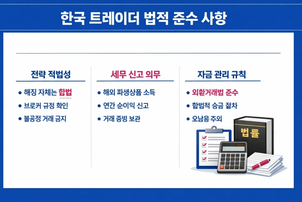 한국 거주 트레이더를 위한 해외 거래 법적 준수 사항. 해징의 적법성, 세무 신고 및 외환거래법 규정 안내.