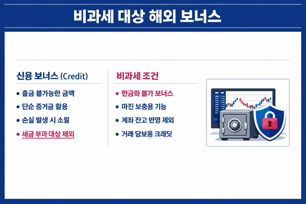 한국 해외 FX 거래 시 세금이 부과되지 않는 신용 보너스와 비과세 조건에 대한 인포그래픽 가이드.