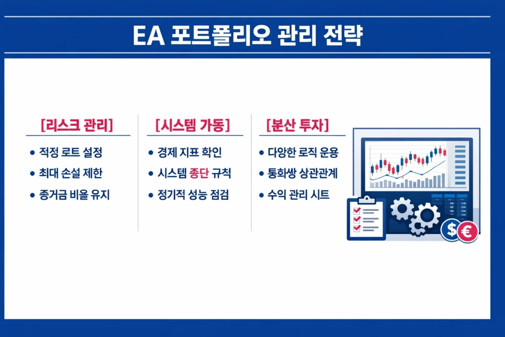 성공적인 자동매매를 위한 EA 포트폴리오 관리 및 리스크 통제 전략 인포그래픽.