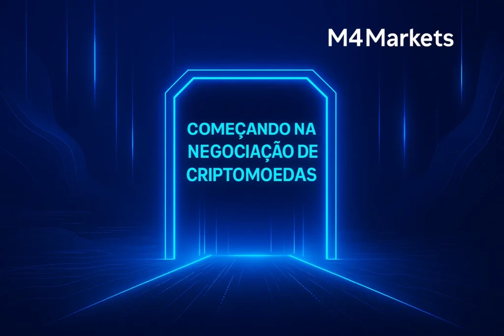 Imagem futurista de um portal ou ponto de partida neon simbolizando o início da negociação de criptomoedas.