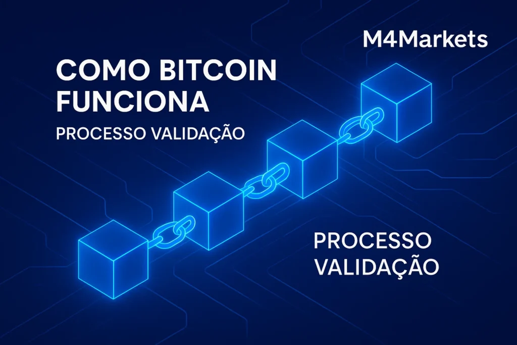 Representação futurista da tecnologia Blockchain com blocos interligados, simbolizando o funcionamento do Bitcoin.