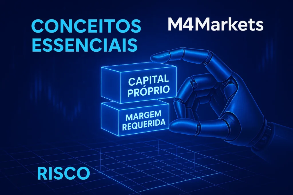 Conceitos básicos da margem no Forex, representados por blocos de capital e risco numa matriz futurista em tons de azul neon.
