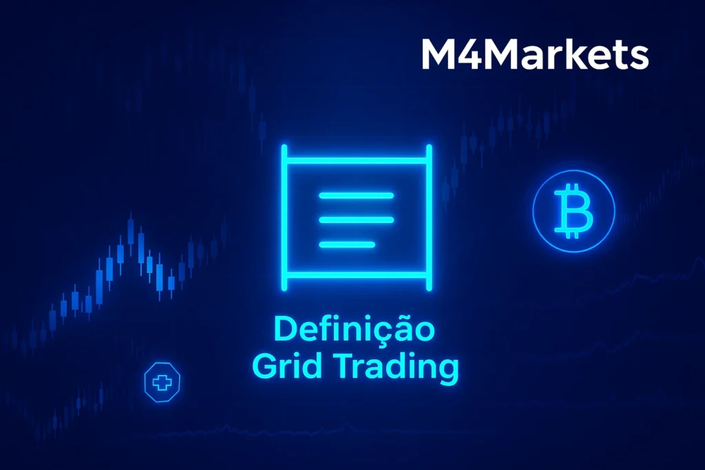 Diagrama geométrico futurista em néon que ilustra o conceito central de Definição Grid Trading com linhas de grade e faixas de preço.