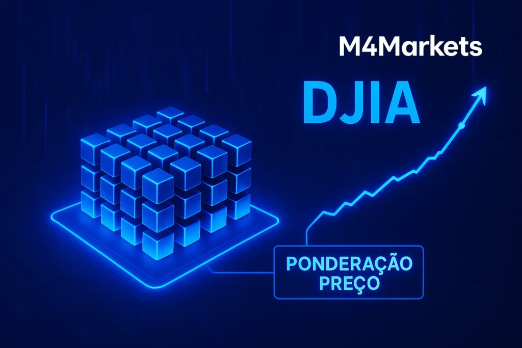 Representação digital e conceitual do DJIA, destacando 30 blocos de ações ponderados pelo preço com uma linha de tendência ascendente.