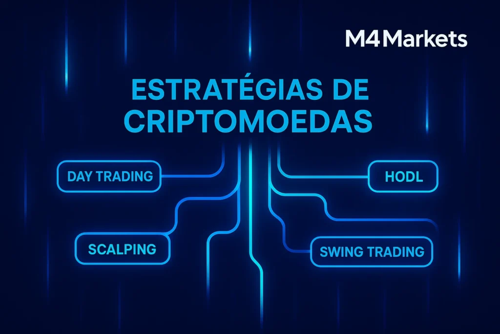 Rede de caminhos futurista representando diferentes estratégias de negociação, incluindo Day Trading e HODL.