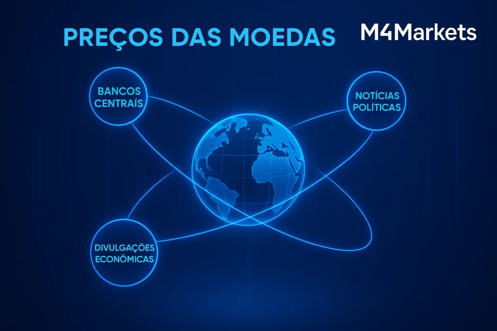 Imagem futurista mostrando a interconexão de fatores macroeconômicos e políticos que influenciam os preços das moedas.
