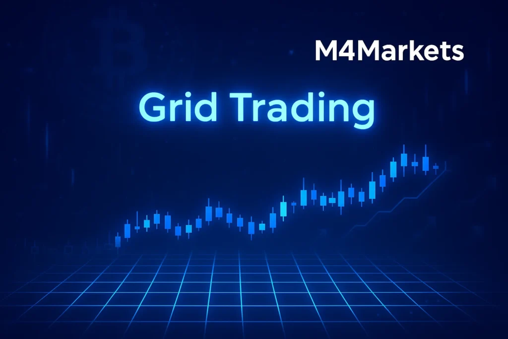 Um diagrama futurista em néon azul de uma estratégia de grid trading, mostrando linhas de compra e venda sobrepostas a um gráfico lateral de preços.