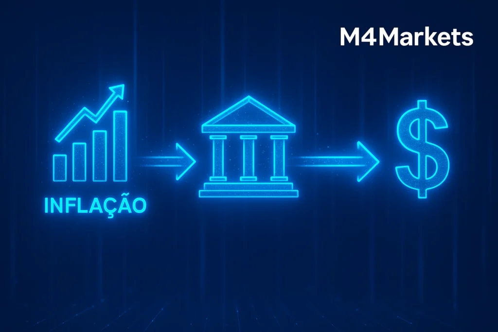 Cadeia visual e futurista que mostra como a inflação (IPC) influencia o banco central e gera impacto no mercado Forex.