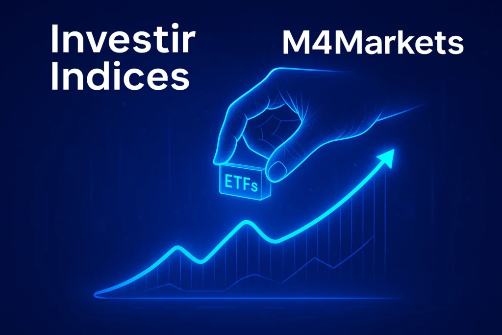 Imagem conceitual de uma mão digital investindo um ETF em uma linha de índice estável e ascendente, simbolizando crescimento passivo.