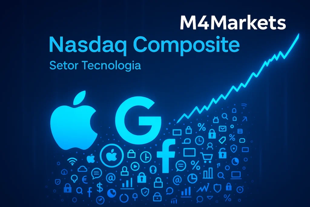 Imagem conceitual e vibrante do Nasdaq Composite, com foco em crescimento tecnológico e alta densidade de ativos digitais.