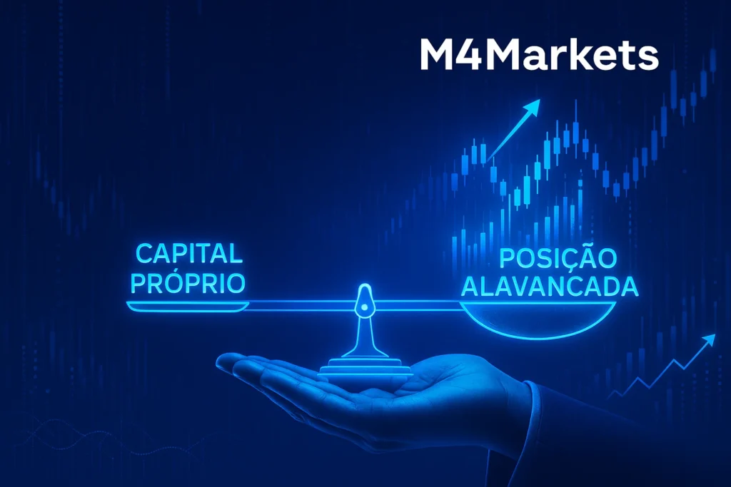 Conceito visual de negociação com alavancagem, mostrando uma balança digital perfeitamente equilibrada com a legenda "Capital Próprio" em um lado e "Posição Alavancada" no outro, em um fundo azul futurista, com o logotipo M4Markets.
