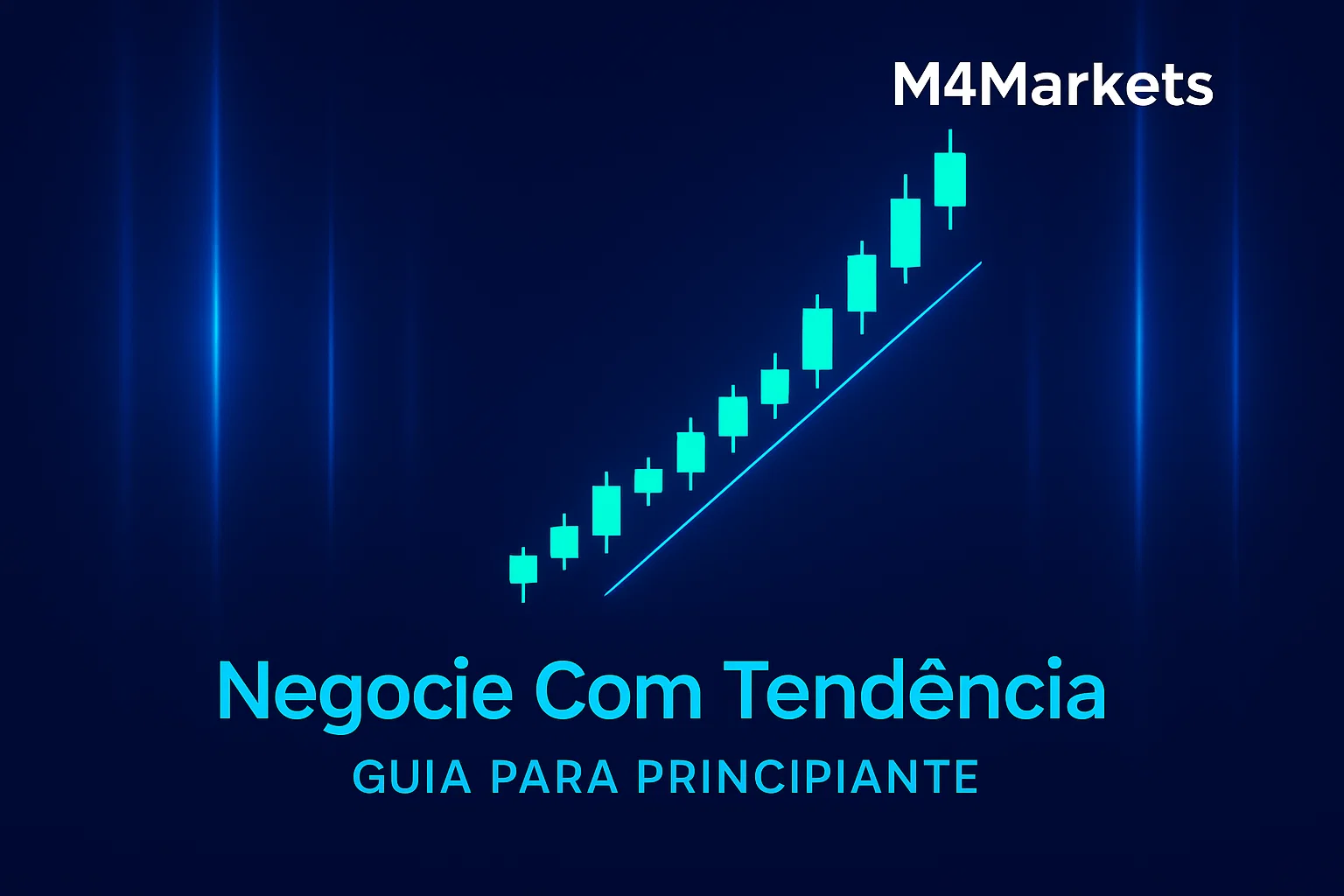 Guia visual e futurista sobre como negociar com a tendência para principiantes, com gráfico de velas limpo, tendência ascendente clara e paleta de cores azuis.