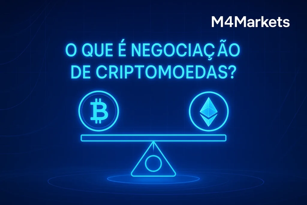 Representação digital e futurista do conceito de negociação de criptomoedas, focando na troca e especulação de valor.