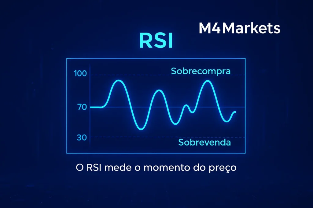 Representação conceitual e futurista do indicador RSI (Relative Strength Index) com destaque para as zonas de sobrecompra e sobrevenda.