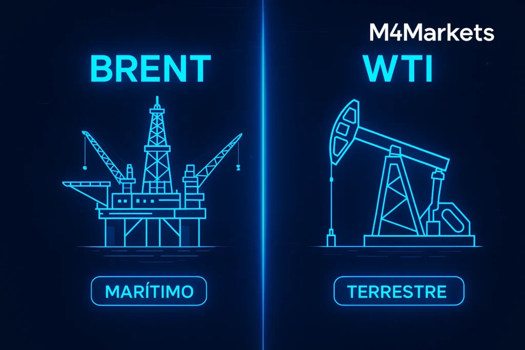 Comparação visual futurista das fontes de extração do petróleo WTI (terra) e Brent (mar), ilustrando suas principais diferenças. (117 caracteres)
