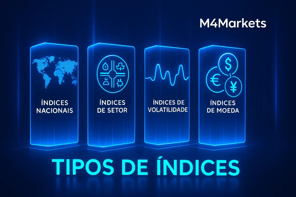 Representação gráfica futurista de quatro categorias de índices financeiros: nacional, setorial, volatilidade e moeda, em tons de néon.
