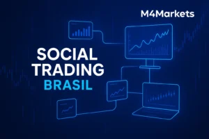 Plataforma de social trading com tema futurista e tons de azul, destacando conexões globais de dados e o texto "SOCIAL TRADING BRASIL".
