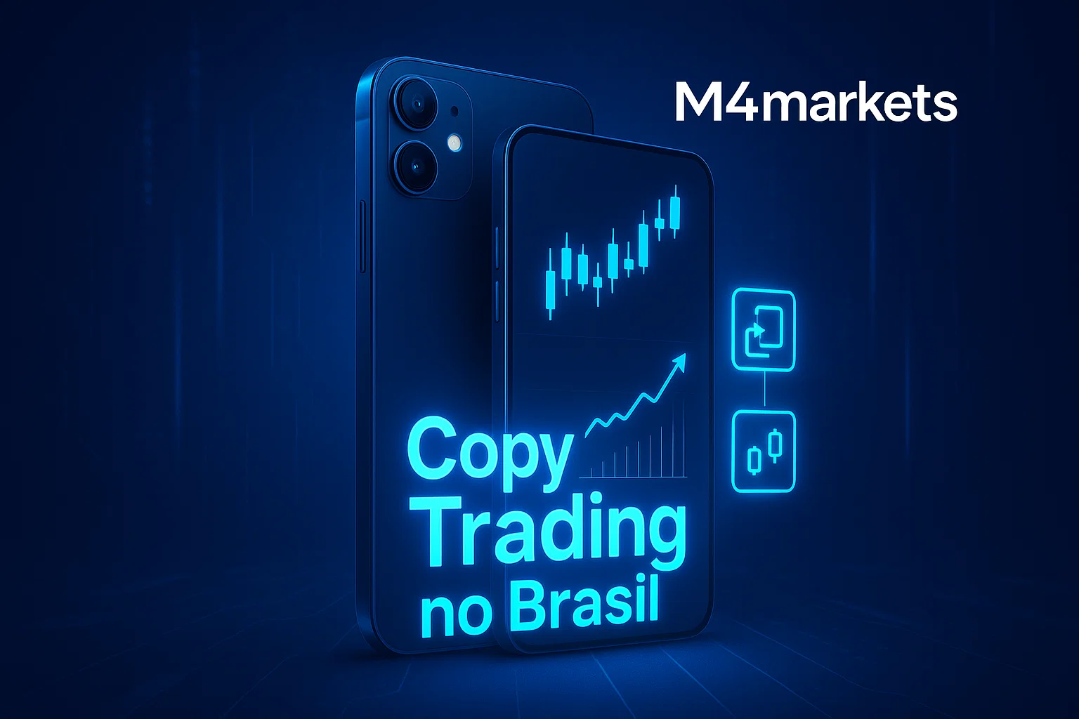 Um smartphone futurista exibe um gráfico financeiro em ascensão com o texto "Copy Trading no Brasil" em néon. O logo M4markets está no canto superior direito.